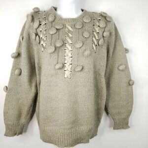 Vtg 80s Gray Angora Rabbit Sweater Ribbons Poms S